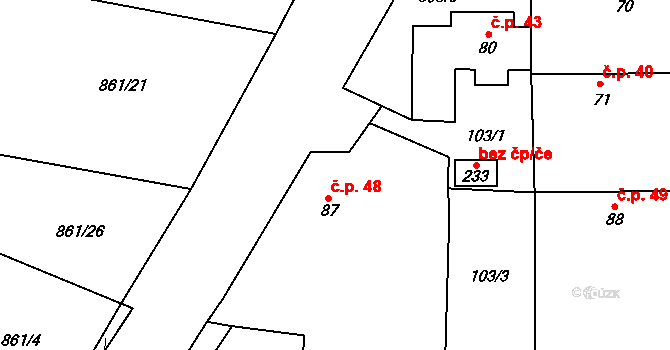 Ratměřice 48 na parcele st. 87 v KÚ Ratměřice, Katastrální mapa