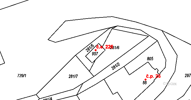 Javorník 225, Čtyřkoly na parcele st. 957 v KÚ Čtyřkoly, Katastrální mapa