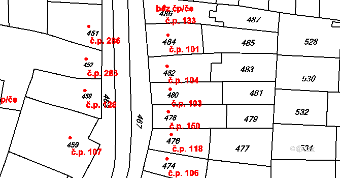 Hrušky 103 na parcele st. 480 v KÚ Hrušky u Brna, Katastrální mapa