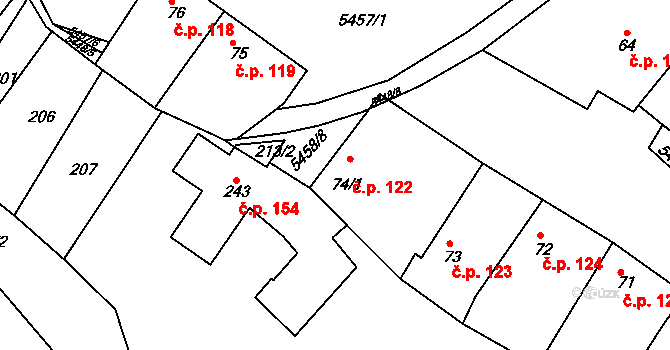 Pitín 122 na parcele st. 74/1 v KÚ Pitín, Katastrální mapa