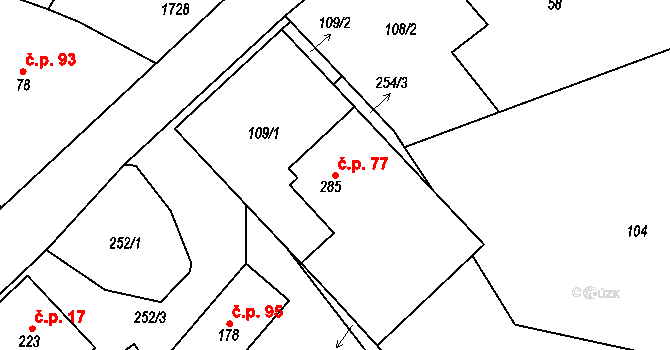 Rosice 77 na parcele st. 285 v KÚ Rosice u Chrasti, Katastrální mapa