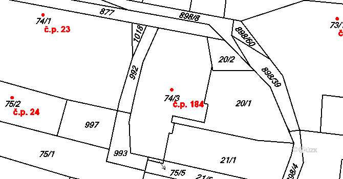 Tuněchody 184 na parcele st. 74/3 v KÚ Tuněchody, Katastrální mapa