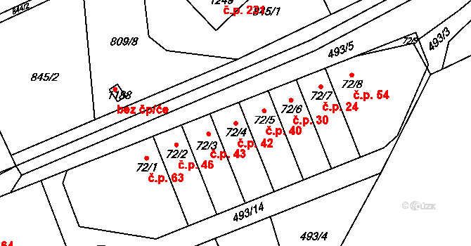 Cvrčovice 42 na parcele st. 72/4 v KÚ Cvrčovice, Katastrální mapa