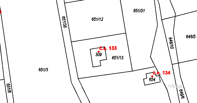 Kytín 133 na parcele st. 309 v KÚ Kytín, Katastrální mapa