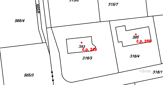 Únětice 249 na parcele st. 393 v KÚ Únětice u Prahy, Katastrální mapa