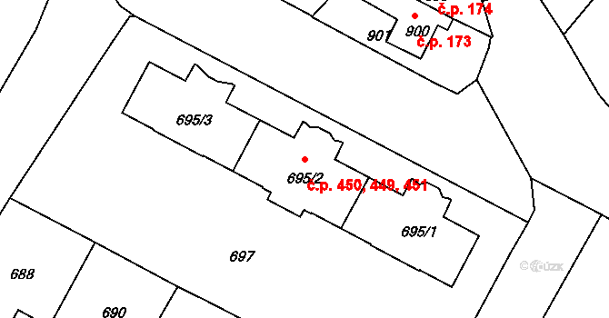 Kamenice nad Lipou 449,450,451 na parcele st. 695/2 v KÚ Kamenice nad Lipou, Katastrální mapa
