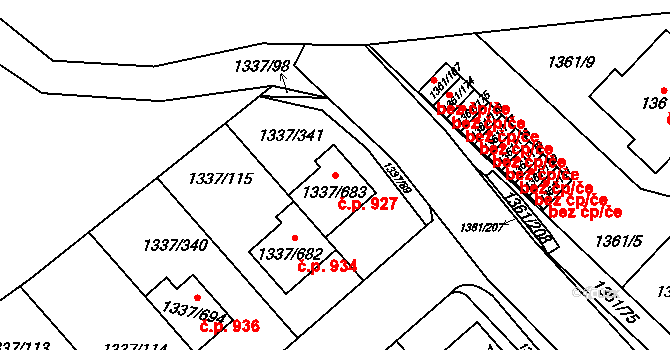 Vinoř 927, Praha na parcele st. 1337/683 v KÚ Vinoř, Katastrální mapa