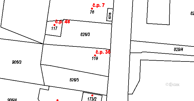 Brozánky 35, Řehlovice na parcele st. 119 v KÚ Řehlovice, Katastrální mapa