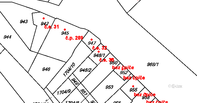 Perná 33 na parcele st. 948/1 v KÚ Perná, Katastrální mapa
