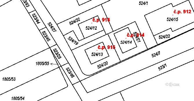 Buchlovice 915 na parcele st. 524/13 v KÚ Buchlovice, Katastrální mapa