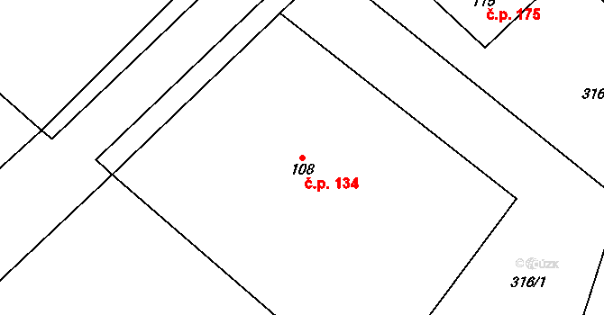 Chedrbí 134, Krchleby na parcele st. 108 v KÚ Chedrbí, Katastrální mapa