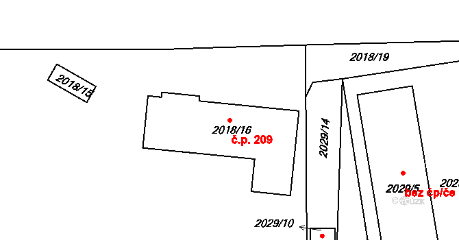 Hrušovany u Brna 209 na parcele st. 2018/16 v KÚ Hrušovany u Brna, Katastrální mapa