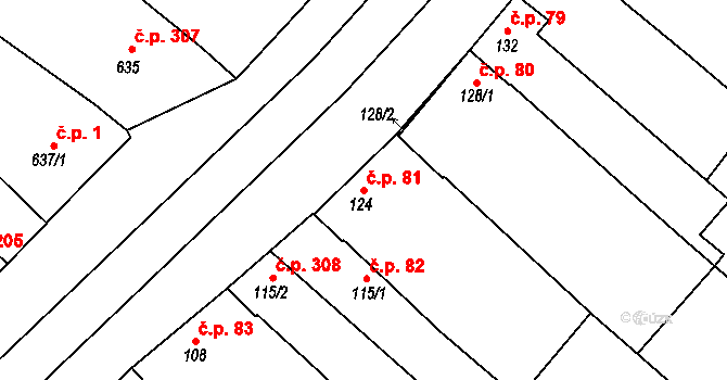 Milokošť 81, Veselí nad Moravou na parcele st. 124 v KÚ Milokošť, Katastrální mapa