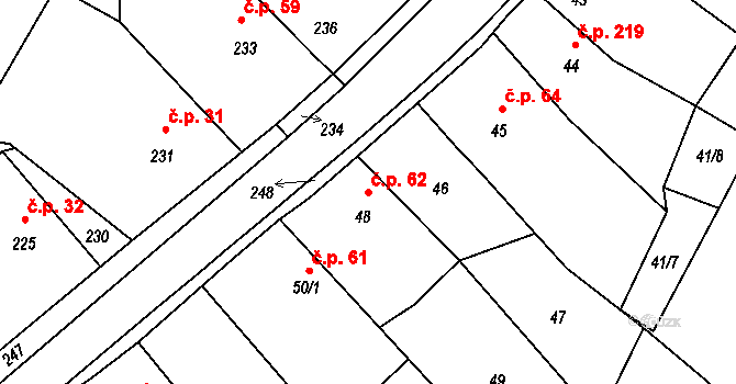 Stonařov 62 na parcele st. 48 v KÚ Stonařov, Katastrální mapa