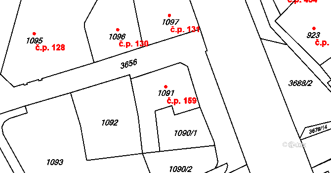 Vyškov-Předměstí 159, Vyškov na parcele st. 1091 v KÚ Vyškov, Katastrální mapa