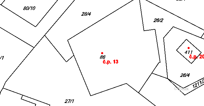 Lhotka 13 na parcele st. 86 v KÚ Lhotka u Frýdku-Místku, Katastrální mapa