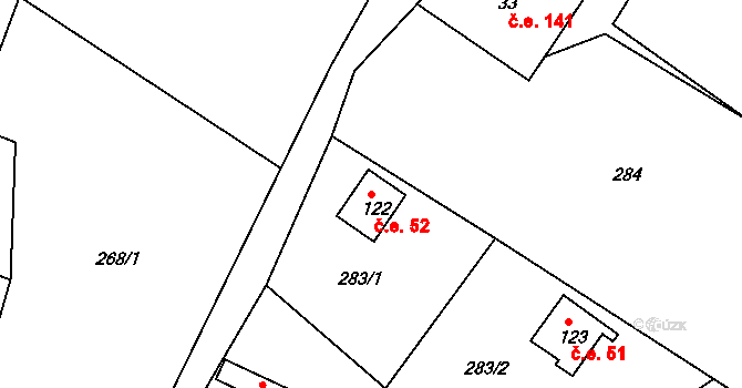Dlouhá Louka 52, Osek na parcele st. 122 v KÚ Dlouhá Louka, Katastrální mapa