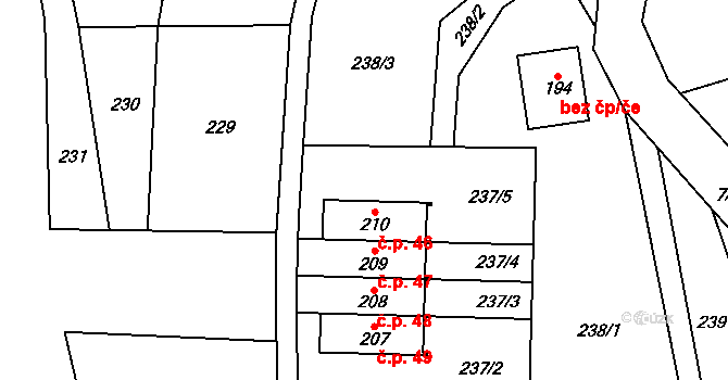 Horní Štěpanice 46, Benecko na parcele st. 210 v KÚ Horní Štěpanice, Katastrální mapa