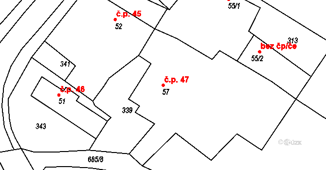 Polánky nad Dědinou 47, Třebechovice pod Orebem na parcele st. 57 v KÚ Polánky nad Dědinou, Katastrální mapa