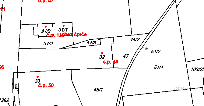Jeřice 49 na parcele st. 32 v KÚ Jeřice, Katastrální mapa