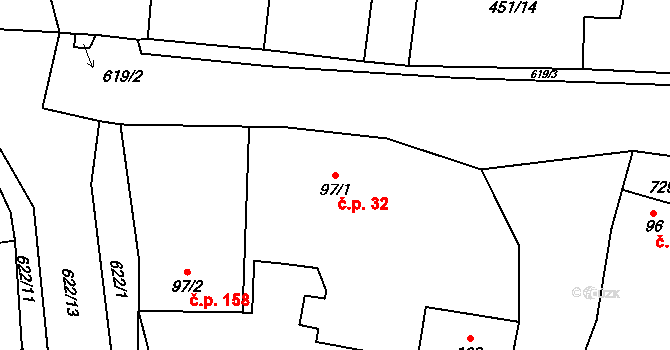 Straškov 32, Straškov-Vodochody na parcele st. 97/1 v KÚ Straškov, Katastrální mapa