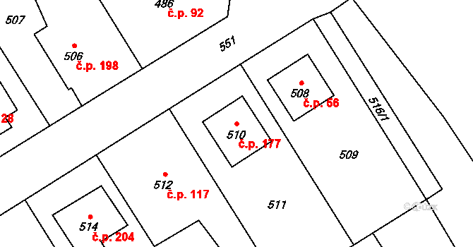 Choryně 177 na parcele st. 510 v KÚ Choryně, Katastrální mapa