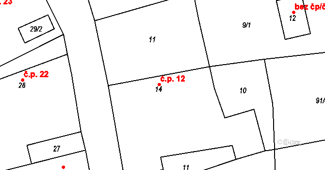Chotělice 12, Smidary na parcele st. 14 v KÚ Chotělice, Katastrální mapa