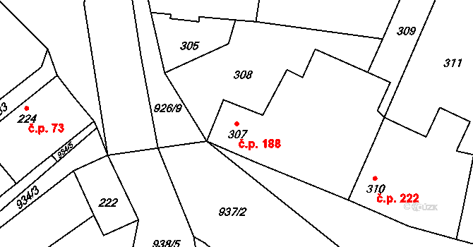Milovice 188 na parcele st. 307 v KÚ Milovice nad Labem, Katastrální mapa