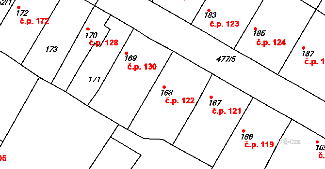 Tatce 122 na parcele st. 168 v KÚ Tatce, Katastrální mapa