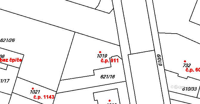 Lysá nad Labem 911 na parcele st. 1019 v KÚ Lysá nad Labem, Katastrální mapa