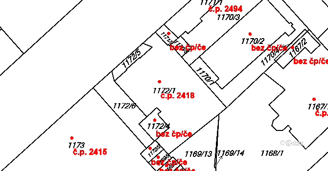 Teplice 2418 na parcele st. 1172/1 v KÚ Teplice, Katastrální mapa