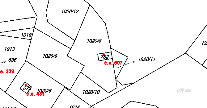 Podhrad 607, Cheb na parcele st. 752 v KÚ Podhrad, Katastrální mapa