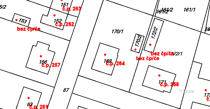 Běchovice 264, Praha na parcele st. 169 v KÚ Běchovice, Katastrální mapa