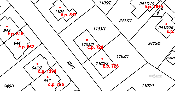 Hostivař 726, Praha na parcele st. 1103/2 v KÚ Hostivař, Katastrální mapa