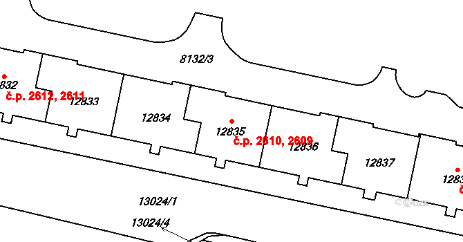 Jižní Předměstí 2609,2610, Plzeň na parcele st. 12834 v KÚ Plzeň, Katastrální mapa