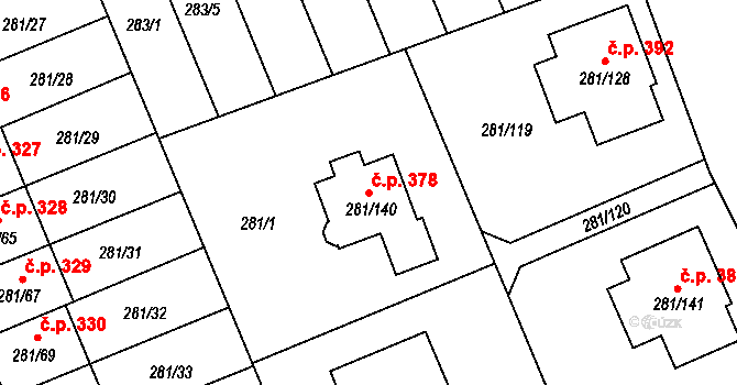 Hradiště 378, Plzeň na parcele st. 281/140 v KÚ Hradiště u Plzně, Katastrální mapa