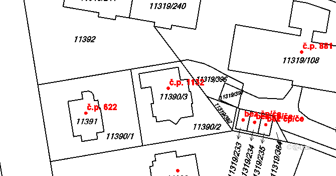 Severní Předměstí 1132, Plzeň na parcele st. 11390/3 v KÚ Plzeň, Katastrální mapa