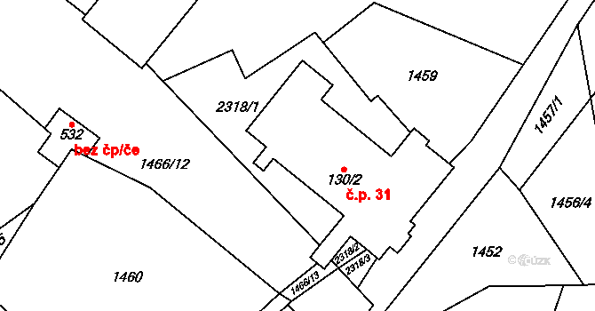 Hanušovice 31 na parcele st. 130/2 v KÚ Hanušovice, Katastrální mapa