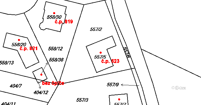 Srubec 523 na parcele st. 557/5 v KÚ Srubec, Katastrální mapa