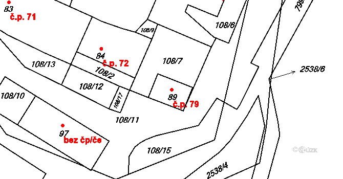 Kožichovice 79 na parcele st. 89 v KÚ Kožichovice, Katastrální mapa