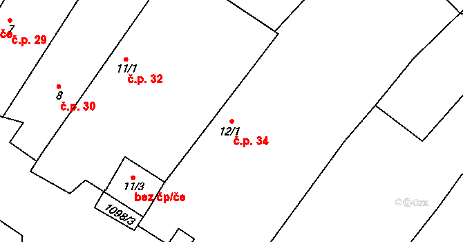 Šašovice 34, Želetava na parcele st. 12/1 v KÚ Šašovice, Katastrální mapa