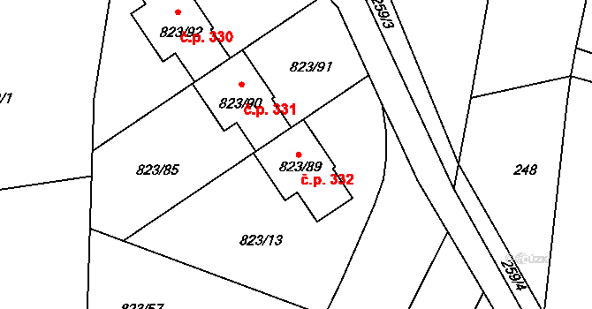 Lípa 332 na parcele st. 823/89 v KÚ Lípa nad Dřevnicí, Katastrální mapa