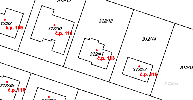 Přítoky 113, Miskovice na parcele st. 312/41 v KÚ Přítoky, Katastrální mapa