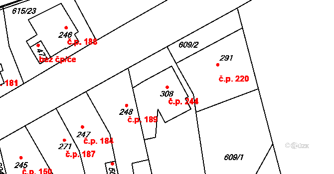 Louky 244, Zlín na parcele st. 308 v KÚ Louky nad Dřevnicí, Katastrální mapa
