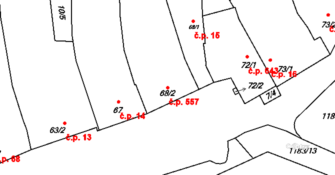 Prštné 557, Zlín na parcele st. 68/2 v KÚ Prštné, Katastrální mapa