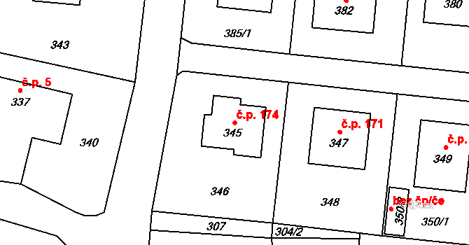 Neplachovice 174 na parcele st. 345 v KÚ Neplachovice, Katastrální mapa