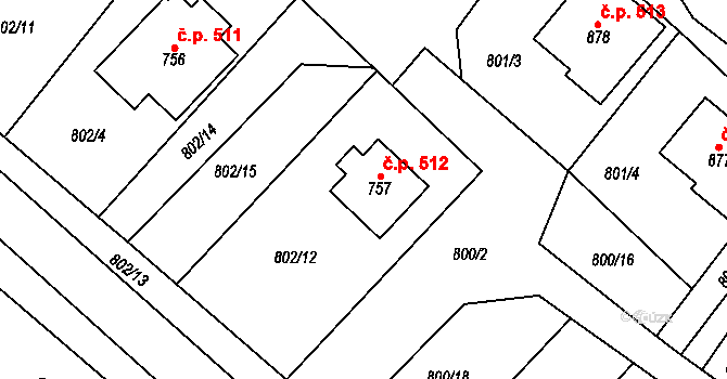 Hanušovice 512 na parcele st. 757 v KÚ Hanušovice, Katastrální mapa