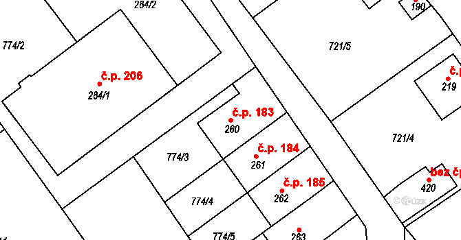 Žďárky 183 na parcele st. 260 v KÚ Žďárky, Katastrální mapa