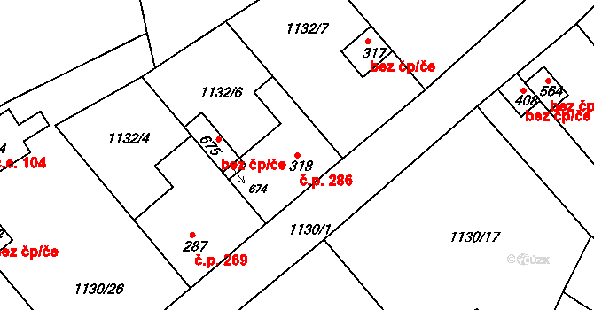 Zbečník 286, Hronov na parcele st. 318 v KÚ Zbečník, Katastrální mapa