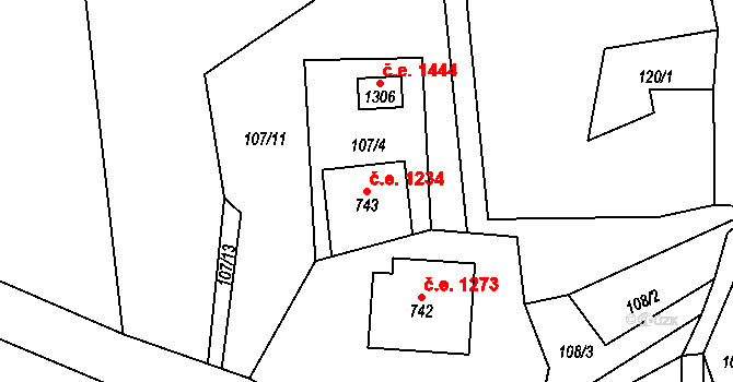 Polubný 1234, Kořenov na parcele st. 743 v KÚ Polubný, Katastrální mapa